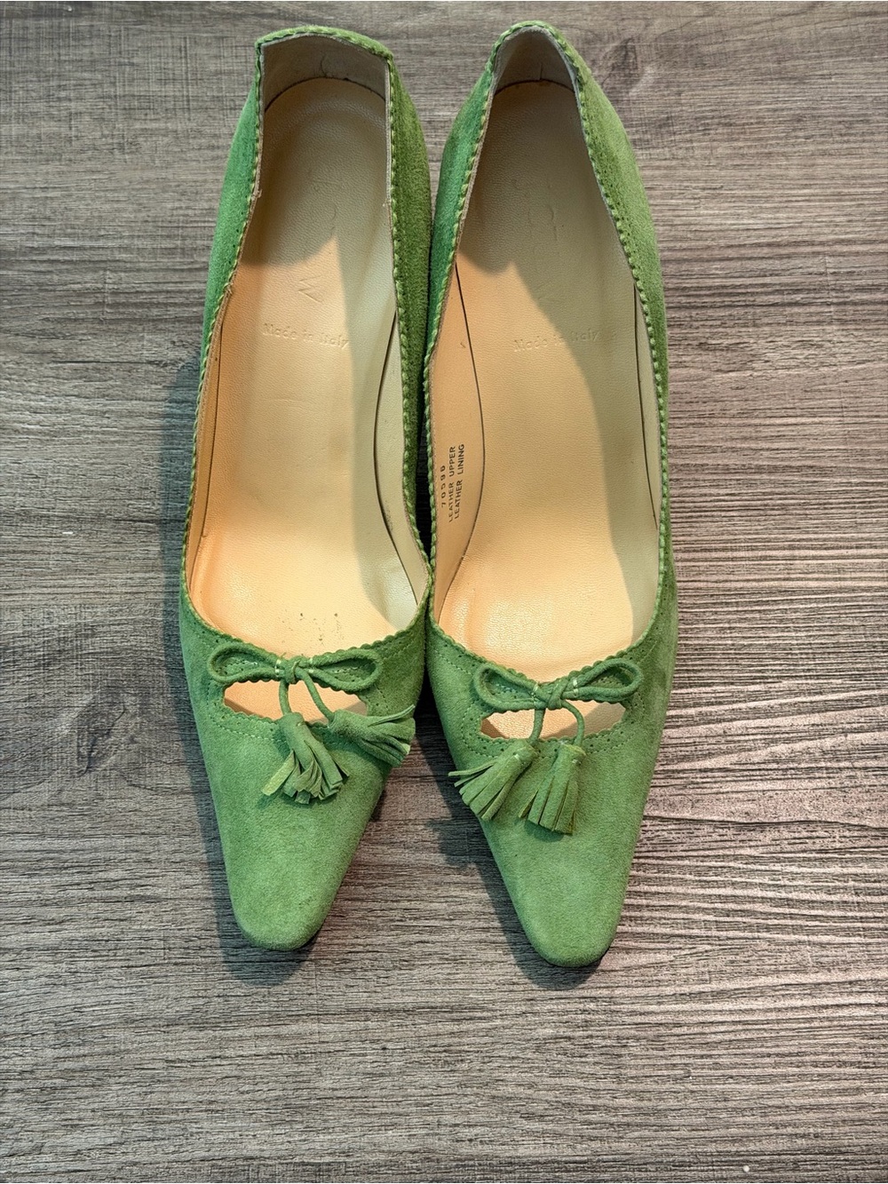 J. Crew Green Suede Pointed-Toe Tassel Heels